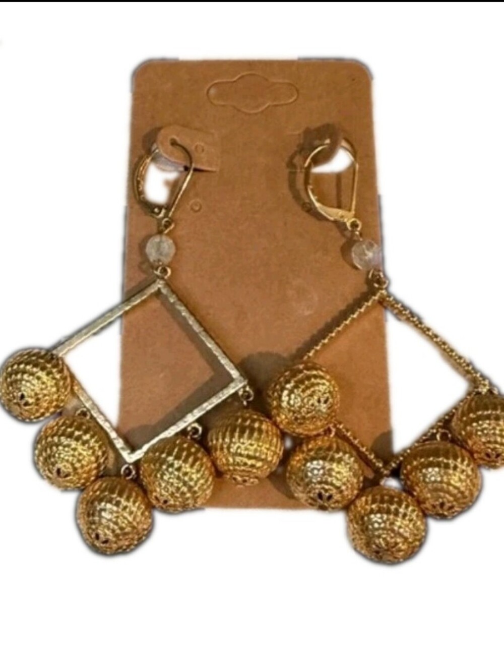 Fab 70's Vintage Gold Toned 5 Metal Bead w/Clear Crystal Bead Accent Earrings